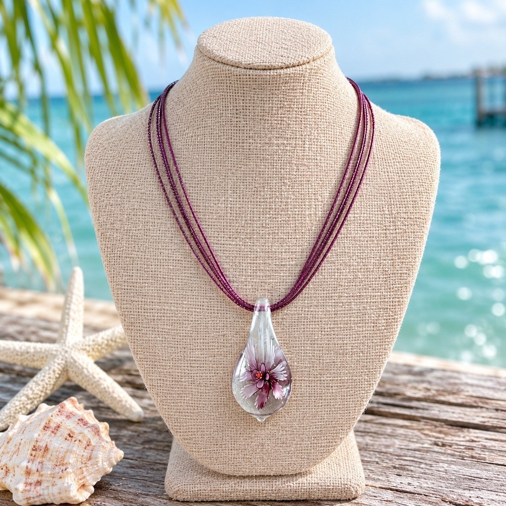 Unbranded Glass Pendant Necklace Women OS Purple Good Floral Teardrop Artisan